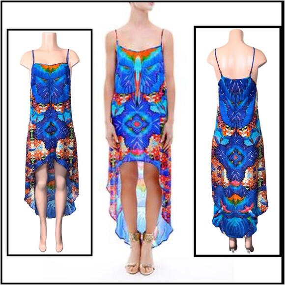 SHAHIDA PARIDES BLUE BIRD PARROT HIGH LOW SUMMER DRESSES SZ S/M $349 - Picture 1 of 8